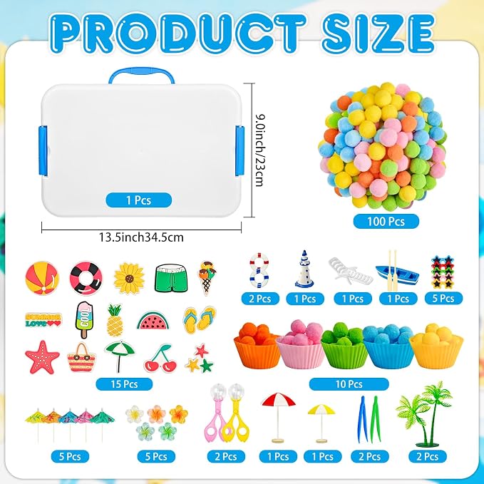 Cinrobiye 155 Pcs Beach Sensory Bin Fillers Set, Tropical Summer Sensory Bin with Palm Tree, Pineapple, Beach Accessories for Preschool Classroom Activities, Fine Motor Skills & Homeschool Learning