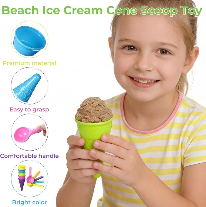 Potchen 60 Pcs Plastic Ice Cream Cones and Scoop Set Outdoor Beach Toys Kids Sand Mold Set Summer Sandbox Ice Cream Mold for Sensory Bin Outdoor Play Backyard Seaside Activities Party (Light Color)