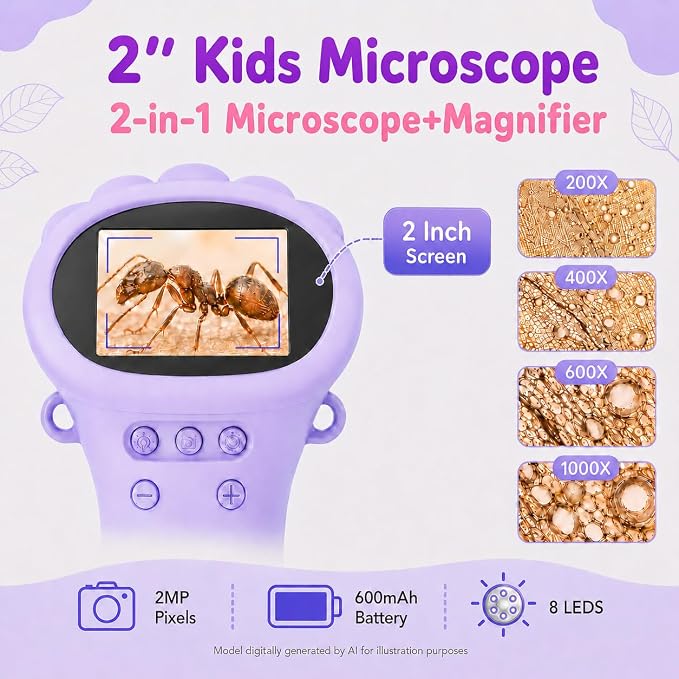 1000X Kids Microscope Handheld Camera, 2'' Screen Wonder Quest Microscope Camera for Kids, Educational Magnifying Glass Toy, Christmas Birthday Gifts for Age 3 4 5 6 7 8 9 10 11 12 Girls Boys - Purple