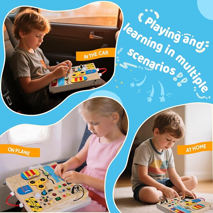 Wooden Busy Board Montessori Toy for Toddlers,Educational Learning Toy for 1 2 3 Year Boys & Girls,Sensory Activity Board with LED Light & Music Boxes, Travel Toys for Kids Birthday Gift