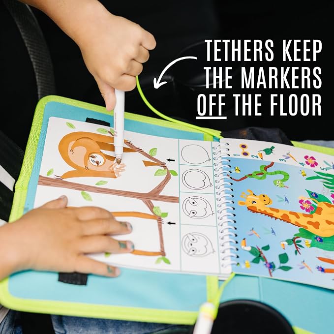 Totebook Kids Travel Activity Kit with Tethered Dry Erase Markers - Mess Free Car & Plane Activities for Toddlers Ages 4-6, Reusable Stickers, Mazes, Search and Find (Jungle Theme)