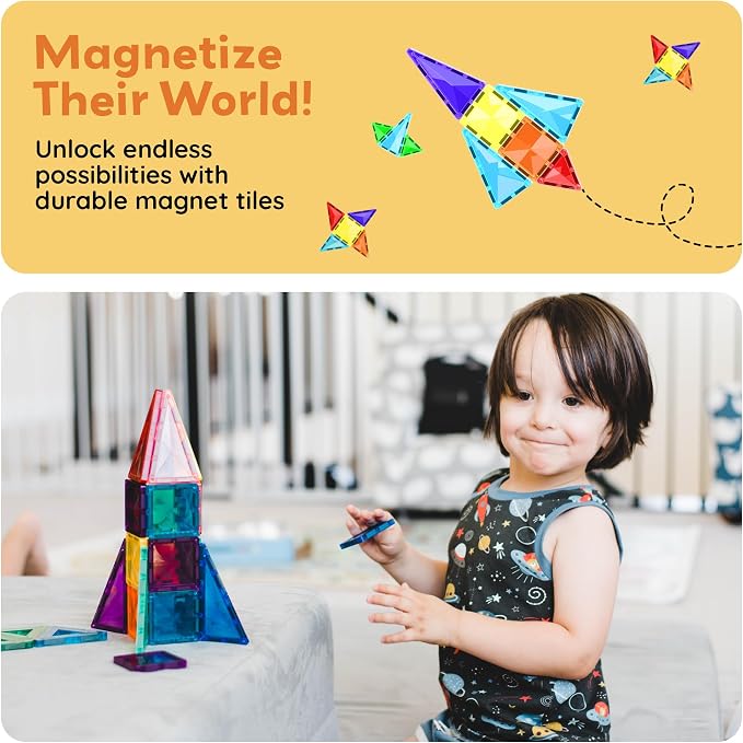 PicassoTiles 30 PCs Magnetic Tiles Travel Size Mini Version Building Block Construction Set for Kids Great Gift Ages 3+ Boys & Girls Preschool Kindergarten Montessori Playing Toys Stacking Fun PTM30
