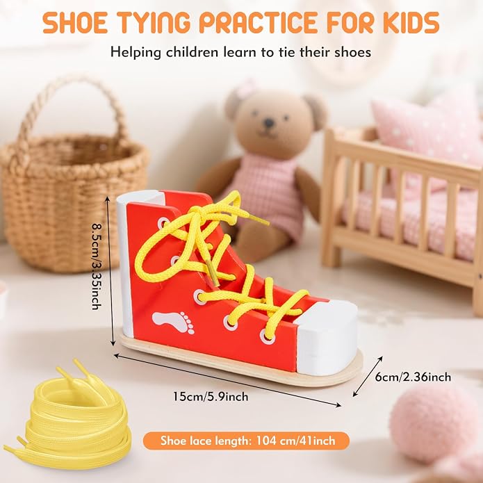 Shoe Tying Practice for Kids | Red Shoe Tie Practice for Kids Threading Lacing Shoes Training, Wooden Learn to Tie Shoes Basic-Life-Skills