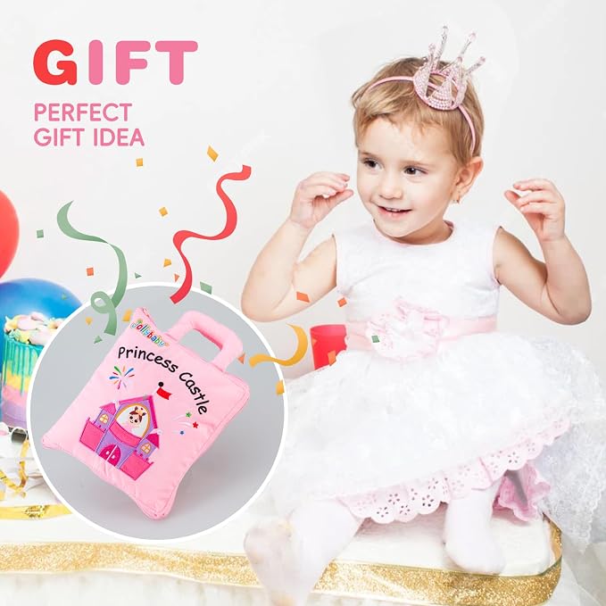 Jollybaby Baby Soft Busy Books - Princess Castle, Travel Toy & Montessori Sensory Educational, 10 Preschool Learning Activities for 2 3 4 Year Old Toddlers Boy Girl(Pink)
