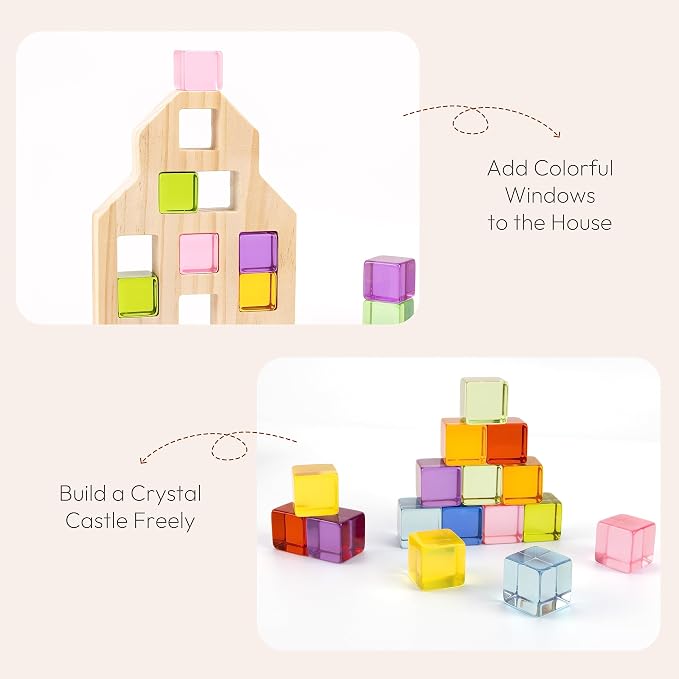 Woodtoe 36 PCS Rainbow Acrylic Gem Blocks, Wooden Blocks for Kids Ages 3-6 | Montessori Stacking Toy, Educational STEM Activity, Creative Construction Play, Includes 3 Wood House, Gift for Boys Girls