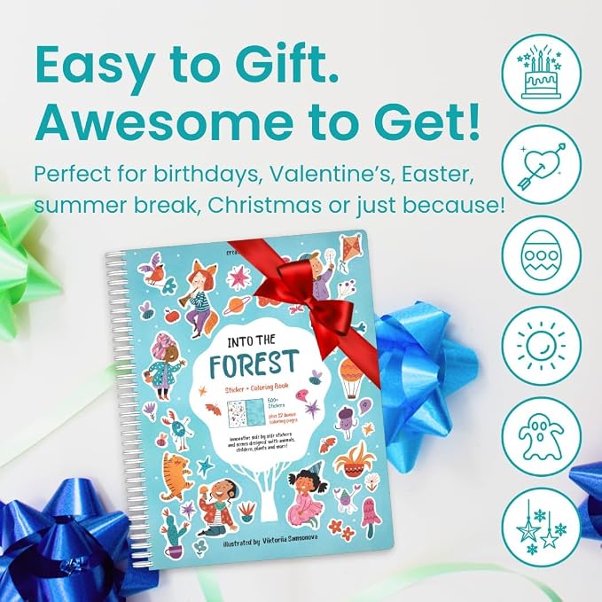 Cupkin Into The Forest Coloring & Sticker Activity Book | 500+ Stickers | Spiral-bound kids craft format with 12 scenes, 12 art pages, side-by-side viewing, and an easy-peel design for ages 2–8