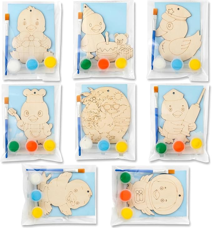 Saypacck 24 Pcs Duck Party Favors Wooden Paint Craft Kits | Duck Theme Crafts for Kids Birthday, Goodie Bag Fillers, Brush Paint Organza Bags Included,