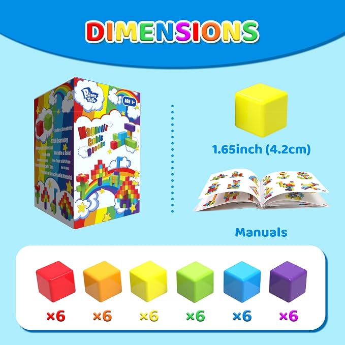 Magnetic Building Blocks, 1.65 inch Large Stacking Cubes for Toddlers 1-3 | Sensory & Montessori Toys for Boys & Girls 1 2 3 Years Old, Kids Travel Toys, Magnetic Cubes Birthday Gifts (36 PCS)