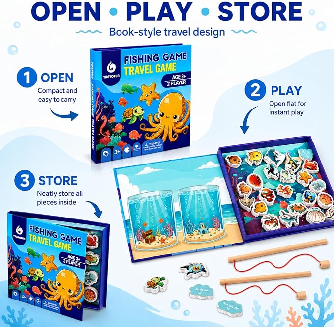 TRAVOFUN Magnetic Fishing Game | Travel Toys for Toddlers 3-5 | Magnetic fishing game with 2 poles and 27 ocean pieces for car rides, airplane activities, long flights, and quiet play.