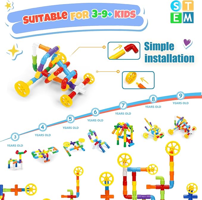 Ggiibro STEM Building Toy for Toddlers 200Pieces Tube Pipe Toy,Educational Preschool Game for 3+ Years,Learning Building Blocks Play with Storage Box Gift Kit,Montessori Toys for Boys & Girls