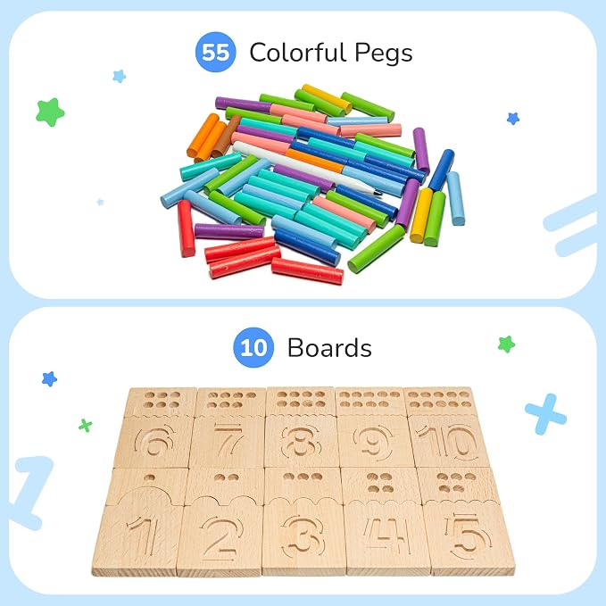 Peg Board for Toddlers - Wooden Counting Peg Board and Number Tracing Set, Montessori Math Toy for Preschoolers and Kindergarten (55 Pegs, 10 Boards, 1 Pencil)