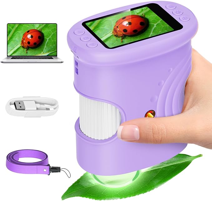 Alotwan Kids Digital Microscope 1000X Zoom, Mini Pocket Handheld Microscope with Camera/Video/Telescope Function, Portable Outdoor Travel Toys Magnifying Glass for Boys Girls 3-8 Years STEM Gifts