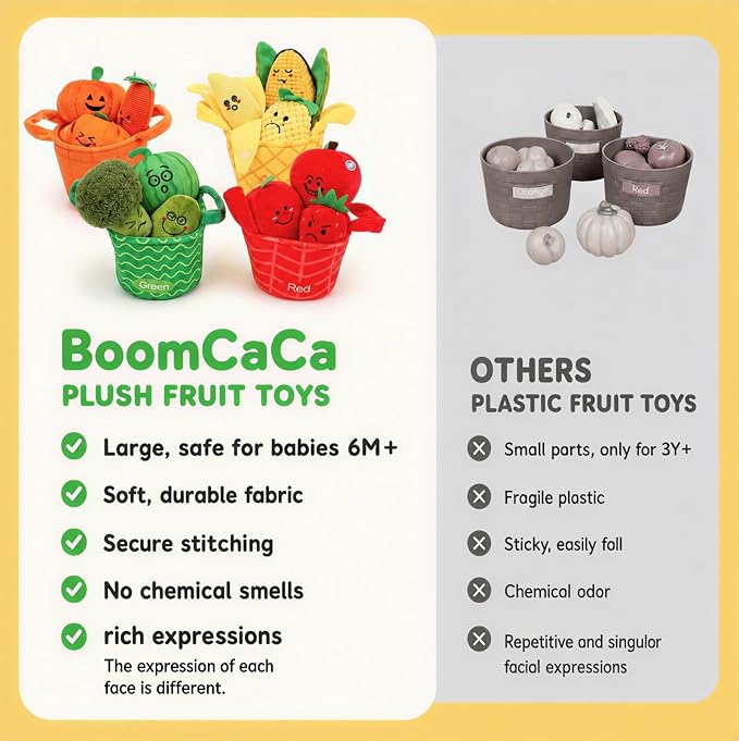 Fruit Vegetable Sensory Toys for Baby 6-12 Months - 16Pcs Plush Sorting Set Perfect for Little Hands to Grasp With Cute Faces, Bright Color Food Crinkle & Rattle, Birthday Gift for 1 Year Old Boy Girl