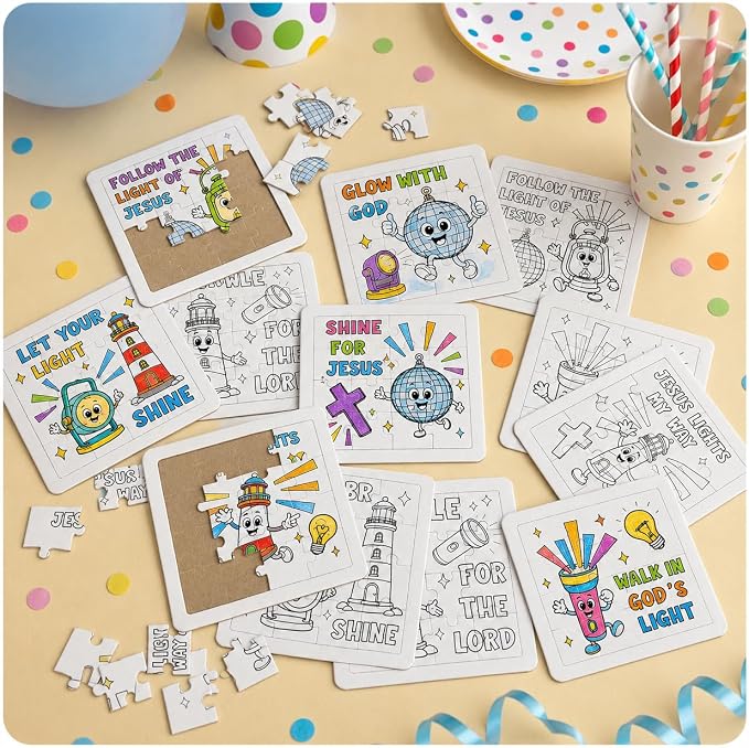 Cinrobiye 24 Pcs 2026 VBS Jesus is the Light Coloring Puzzle Crafts Illumination Theme Christian Jigsaw Puzzle Craft for Vacation Bible School Sunday School Activities and Church Events
