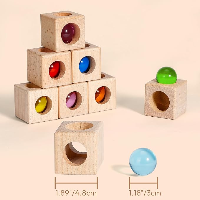 Woodtoe Montessori Stacking Toy for 3 4 5 6 Year Old, Rainbow Building Blocks for Toddlers, Acrylic Gem Ball Stacking Blocks & Wooden Blocks, Educational STEM Creative Sensory Toys for Boy Girl 3-6