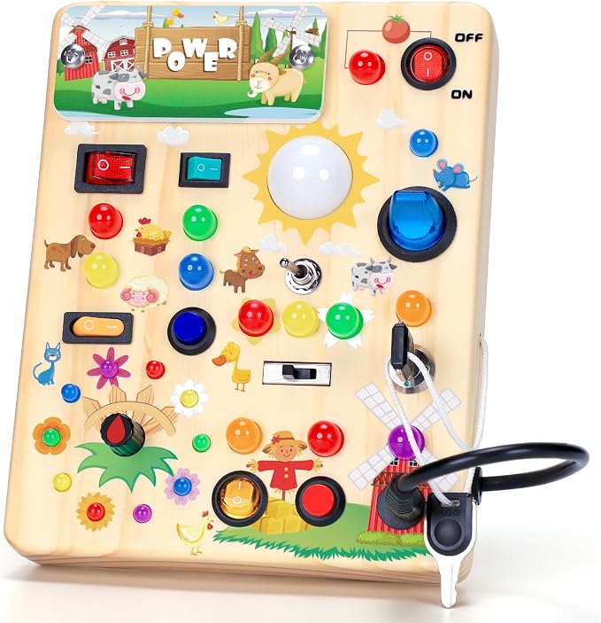 Busy Board with LED Light Switches, Montessori Toys for 1 2 3 Years Old, Toddlers Wooden Toy Sensory Activity Board, Travel Toys for 1+ Year Old Boy & Girl Birthday Gift (Farm)