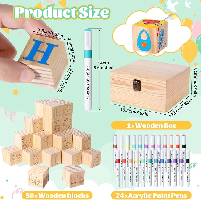 Baby Shower Blocks Game Set with Wooden Box, Acrylic Markers & Wooden Sign for Baby Shower Games, Gender Reveal & Decorations (BrownBear)