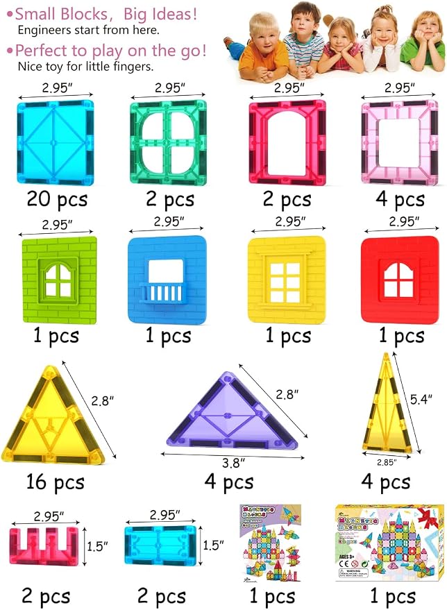 Jasonwell Magnetic Tiles Kids Magnetic Blocks 60PCS Building Sets 3D Magnet Toys Preschool Educational Construction STEM Toy Christmas Birthday Gifts for Toddlers Boys Girls 3 4 5 6 7 8 9 + Year Old