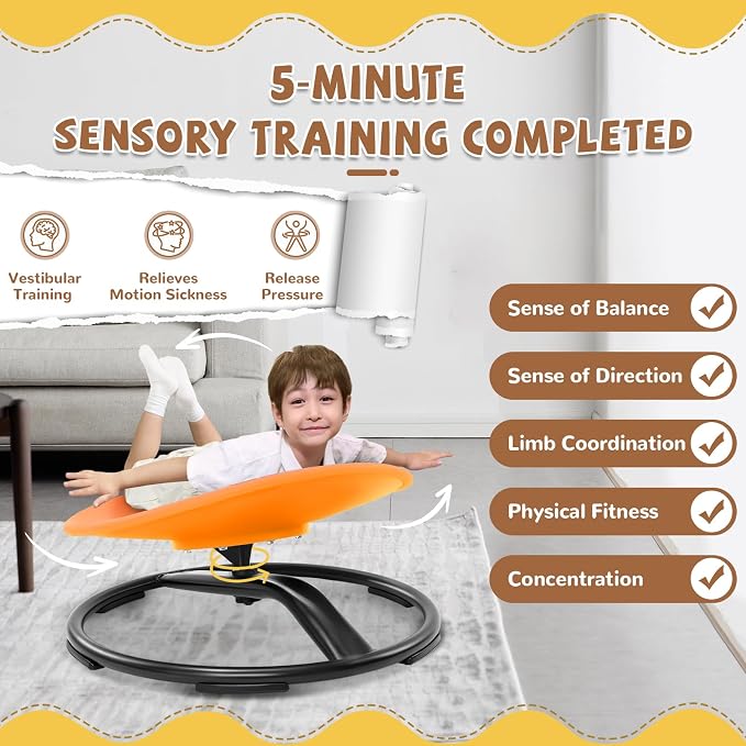 Zhenx Spinning Chair for Autistic Kids (Ages 3-18), Autism Sensory Toy Gift | 220LBS Capacity Sensory Swivel Seat for ADHD Kids, Autism Sensory Products, Calming Gift Improve Focus & Body Balance(Orange)