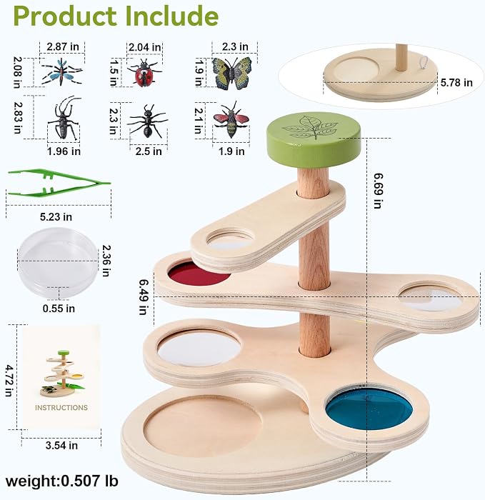 Insect Observation Kit for Kids, Multi-Magnification Rotating Viewer with Color Filters, Wooden STEM Nature Exploration Science Toy with Tweezers, Petri Dish and 6 Insect Models, Gift for Ages 4-8