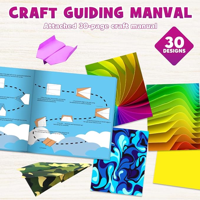 Pigipigi Kids 70 Airplane Origami Paper,Arts and Crafts for Kids Ages 5-12 | Beginners Origami Kit with 50 Airplane paper,Step-by-Step Guiding Book, DIY Craft Birthday Gift for Boys Girls ages 5-12