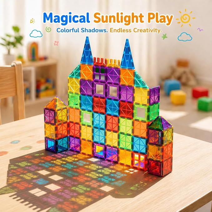 AFUNX 102PCS Magnetic Tiles for Kids,Strong Magnets,3D Clear STEM Toys | Endless Building Possibilities,Discover Magic of Magnets Through Play,Safe ABS and Smooth Edges,with Magical Light and Shadow