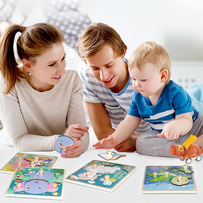 Chunky Wooden Puzzles for Toddlers 1-3: 4 PCS Animals Peg Puzzles Toys | 10 Reinforced Design Tested to 1,000+ Assembly Cycles - Big Pieces for Little Hands - Gift for 1-3 Year Olds Girl Boy