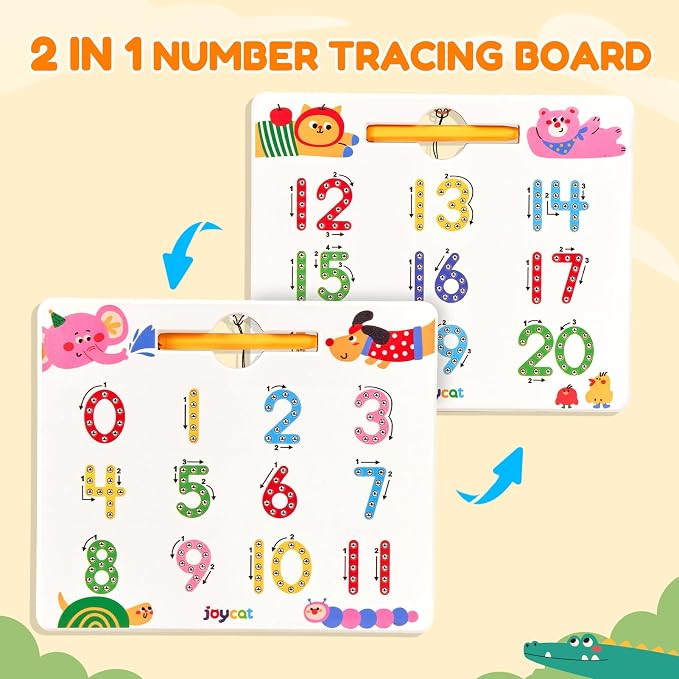 JoyCat Magnetic Animal Number Tracing Board, Double-Sided Numbers 1-20 | 2-in-1 animal number toy for toddlers and kids; preschool math manipulative and kindergarten educational gift for ages 3-5.