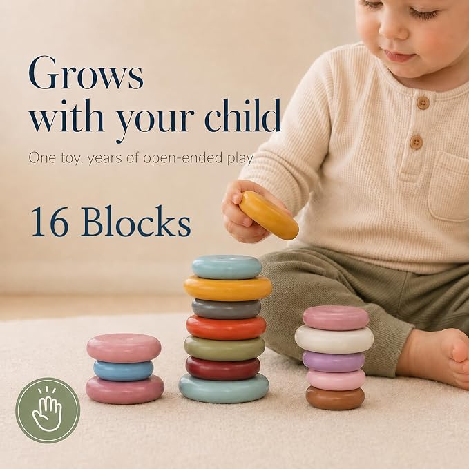Rainbow Stones Wooden Stacking Rocks for kids 2-4, 16 PCS Montessori Waldorf Toys for 3 4 5 6 Year Old, Balancing Stones, Stacking Building Blocks, Sensory STEM Gift for Boys Girls Kids