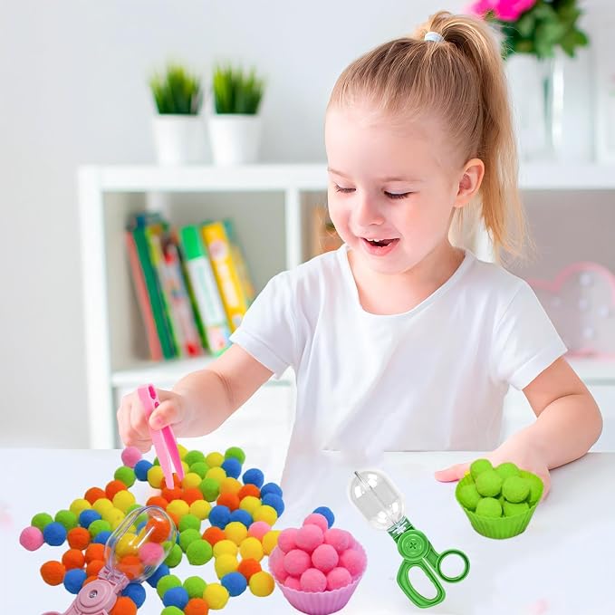 218Pcs Montessori Fine Motor Toys for Toddlers, Pom Poms Sorting Set with Tweezers, Clips, Cups & Storage Box, Sensory Bin for Preschool Learning, Counting, Color Matching