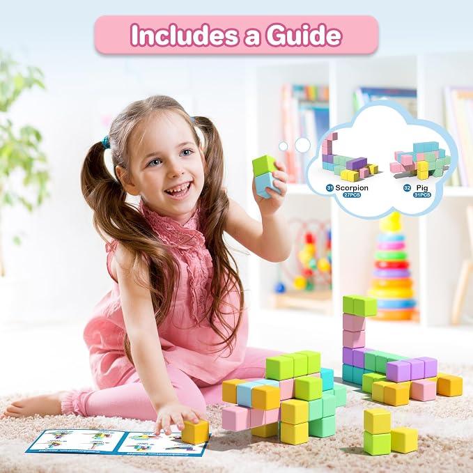 Magnetic Blocks for Toddlers 3+, 56PCS 1.34in Large Macaron Magnet Building Cubes for Kids, Stem Preschool Stack Construction Educational Toys for 3-5 Years Old Boys Girls