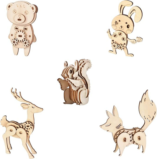 3D Wooden Puzzles for Kids Ages 8+, 5 Pack Animal Puzzles, FSC-Certified Wood, Plastic-Free, STEM Kit for Kids Teens Adults, Wood Craft Model Kit, Individually Wrapped Party Favors - Woodland Frens
