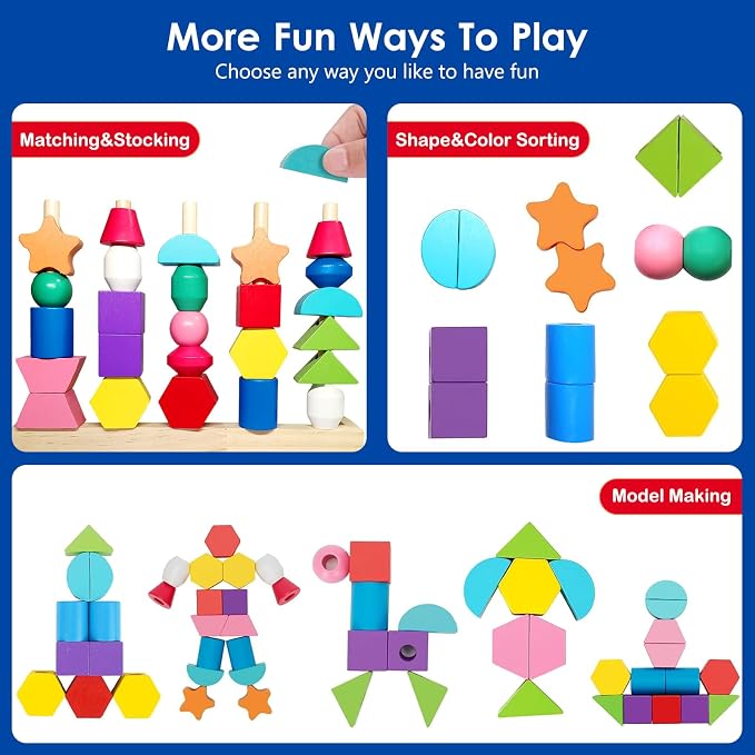 Montessori Wooden Beads Sequencing Toy Set, Sorting Stacking Blocks & Lacing Beads & Shape Matching Stacker for 2 3 4 5 Years Kids Preschool Learning Fine Motor Skills Toys Gifts for Toddler Boy Girl