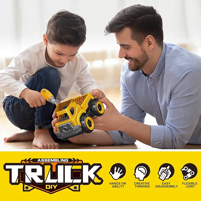 4-in-1 Take Apart Car Toys for Boys, DIY Engineering Construction Trucks | Toy Vehicle - Dump Truck, Cement Mixer, Excavator, Crane, Kids Building Educational Toy Gift for Age 3 4 5 6 7 8 Year Old Boy