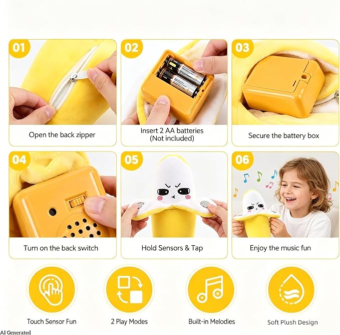 Musical Sensory Plush Toys,Touch Interactive Fruit Doll with Sounds | Magic Touch Soft Banana music toy, Dual Play Modes Educational Baby Toy, Parent-Child Birthday & Christmas Gift for Kids