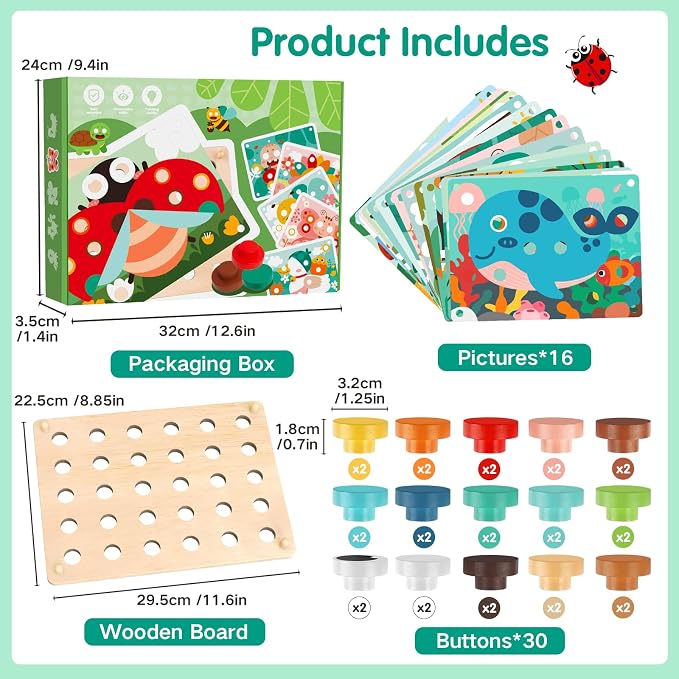 Button Art Toys for Toddlers, Mosaic Peg Board Toddler Color Matching Game | Wooden Puzzles for Toddlers 3-5, Color Matching Mosaic Pegboard with 30Button & 16Card Learning Resources Gift for Boys Girls