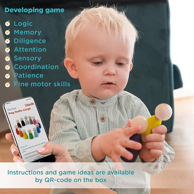 Ulanik Large Peg Dolls for Sorting Toddlers Montessori Toys for 1+ Year Old Baby Dolls Wooden Games for Learning Color Sorting & Counting — 12 Gnomes