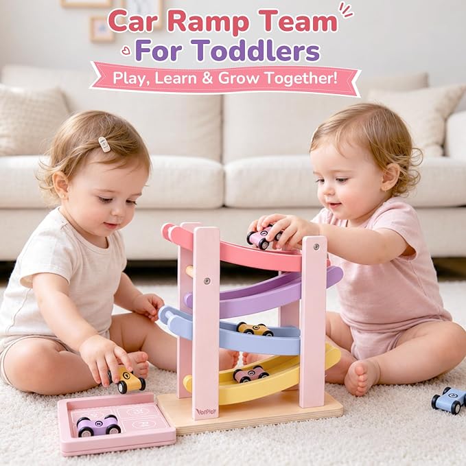Vanplay Car Toys for 1 2 Year Old Girls Gifts, Car Ramp Toy for Toddler 1-3 | Pink & Purple Race Track Truck Toy, 4 Level & 4 Mini Cars, Fully Assembled, All Wood, One 1st Christmas Birthday Gift