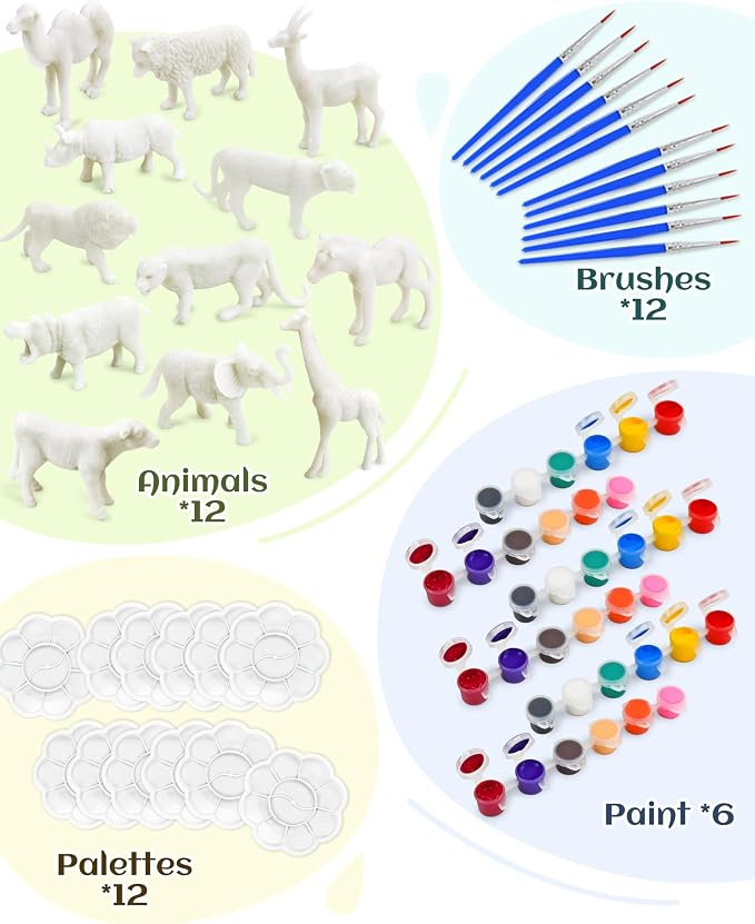 Vileafy Safari Animal Painting Craft Kits, 12 Paintable Figurines for Kids | 12 Jungle Animal Figures with 36 Colors. Fun Animal Crafts for Birthdays, Classrooms and Party Favors