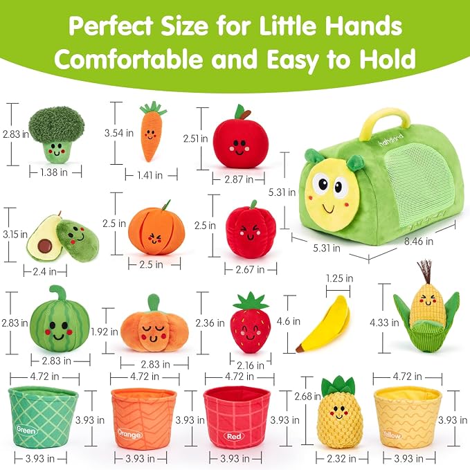 hahaland Montessori Toys for 1 Year Old - Baby Fruit Vegetable 6-12 Months | 17 PCs Sensory Toys Color Sorting Plush Play Food with Caterpillar Bag, 9 10 12 Month Old Toy 1st One Year Old Birthday Gifts
