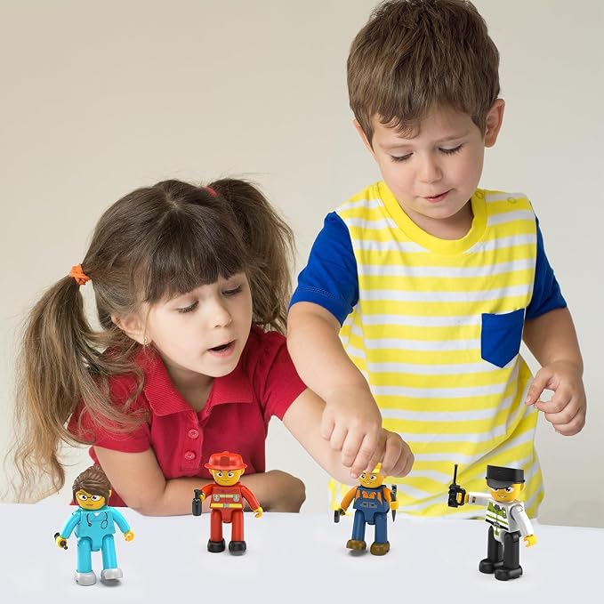 Picasso Toys Magnetic Character Action Figures 4 Piece for Building Block Tile Toddler Toy Set Magnet Expansion Pack Age 3 and up Fireman, Nurse, Police, Constructions Learning Pretend Playset PTA17