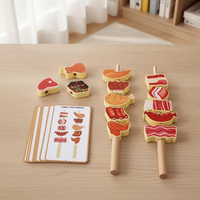 Children Cognitive Game Educational Toy Fruit Skewer Threading Game Stacking Blocks Lacing Beads Wooden Material for Early Learning Fine Motor Skills, Vegetable Skewers