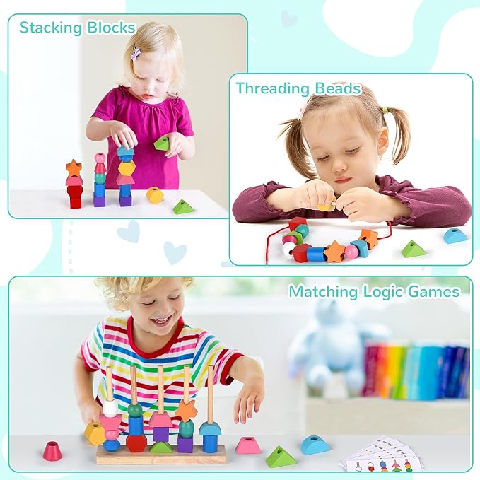 Montessori Bead Sequencing Toy Set, Wooden Stacking Blocks & Lacing Beads & Matching Shape Colors Stacker, Montessori Toys for 3 4 5 Year Old, Toddlers Preschool Learning Fine Motor Skills Toys