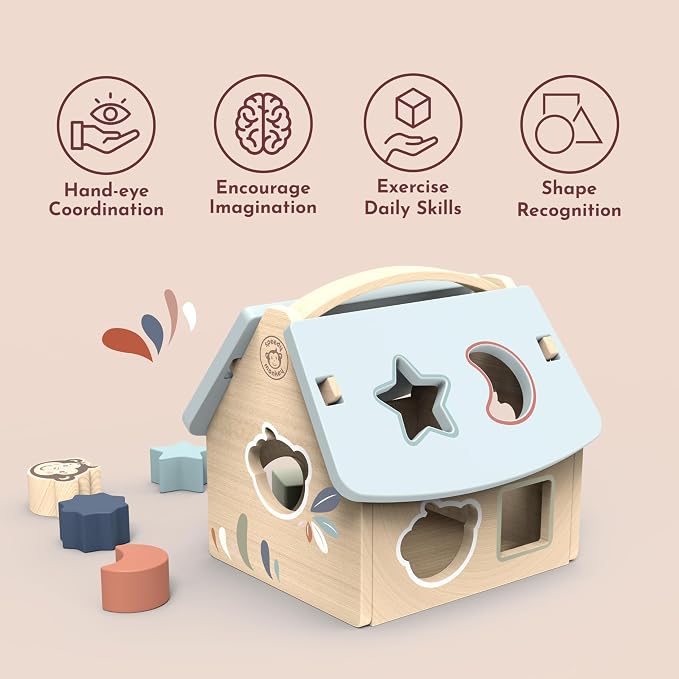 House Shape Sorter with 8 Blocks, Fun Colors, Shapes, Monkey Character, Wooden Toy, Non-Toxic Paint, Enhances Learning, Ideal for Kids | 8 blocks, monkey character, sorting & stacking toys, montessori toys, preschool toys, shape recognition, fine motor...