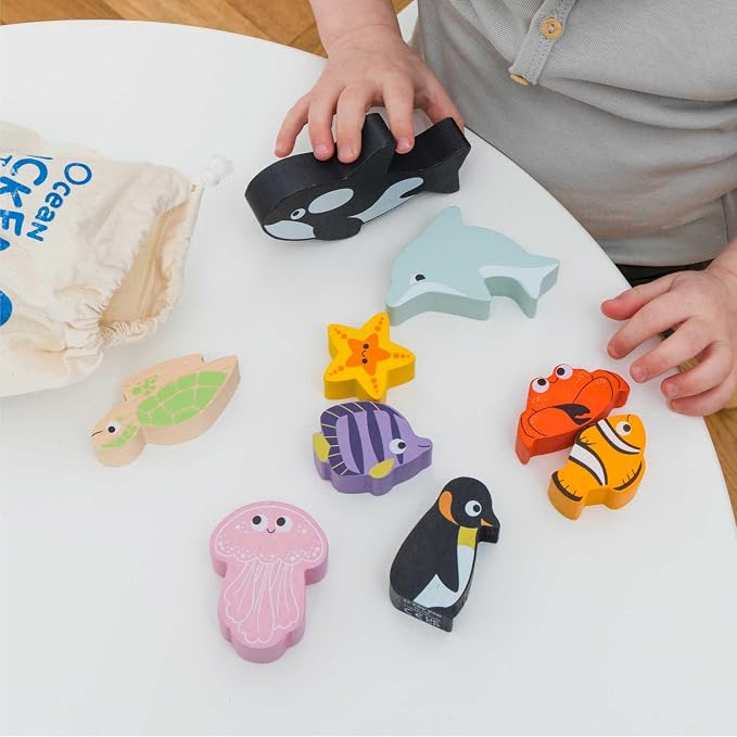 Le Toy Van Under the Sea Ocean Animals Stacking Toy and Bag | Sustainable Wooden Balancing Toy, Sea Animal Characters for Toddlers, Suitable for 18 Months and Up