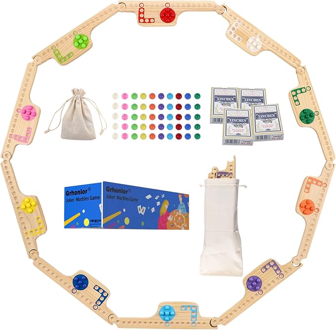 Jokers and Marbles Board Game Wooden Pegs and Jokers 2-10 Players | 10 Wood Game Boards 10 Colors 50 Marbles 4 Decks of Cards Instructions Family Tabletop Game Gift for Adults and Families