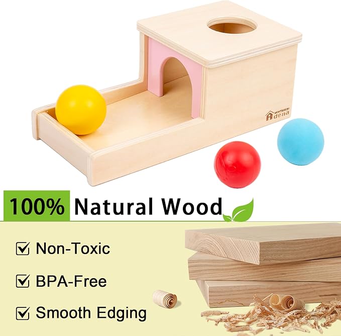 Adena Montessori Object Permanence Box with Tray Three Balls Montessori Toys for 6-12 Months Baby 1 Year Old Infant Toddler Wooden Pink Door for Girl
