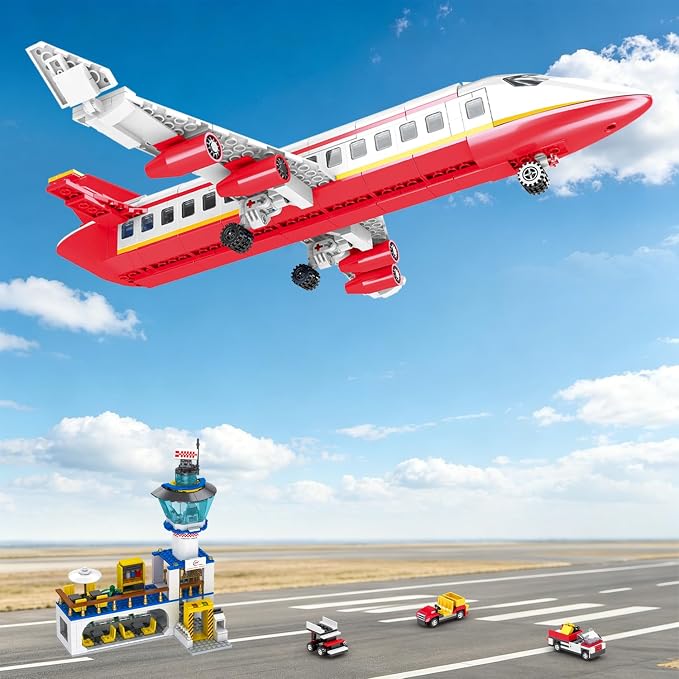 886 Pcs City Passenger Airplane Building Set | STEM 6 in 1 Airport Passenger Plane Building Block Toy with Terminal, Shuttle Bus,Luggage Cart, for Boys Girls Ages 6-12+