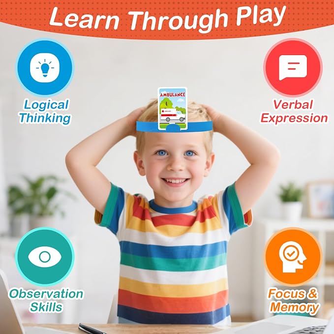 Headbands Game for Kids – Guessing Board Game to Boost Vocabulary | Critical Thinking, and Social Skills – Quick Question Family Game Night for 2–4 Players – Travel-Friendly Fun (Vehicle Theme)