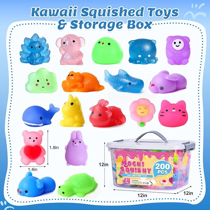 VISCOO 200 Pack Squishy Toys, Mochi Squishy Bulk, Kawaii Squishies for Kids | Stress Relief Sensory Toys, Treasure Box Toys for Classroom Prizes, Easter Basket Stuffers,Goodie Bags Fillers Party Favors